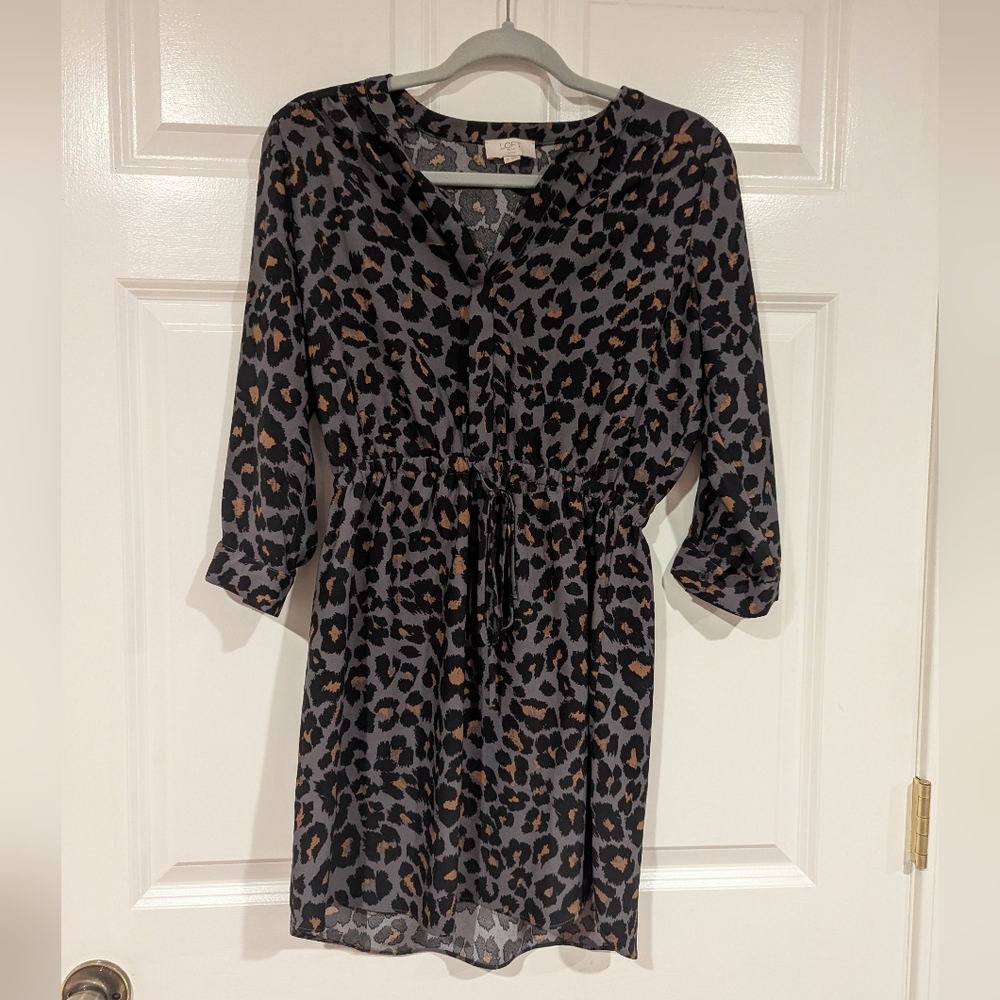 LOFT Outlet Gray and Brown Leopard Print Long Sleeve Dress Small Petite